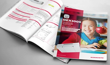 Mock-Up der aufgeklappten DEX3000 Broschüre