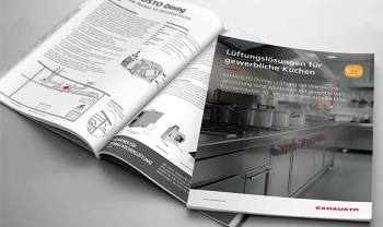 Aufgeschlagene Broschüre mit dem Titel Lüftungslösungen für gewerbliche Küchen