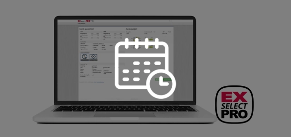 Laptop mit Auslegungsprogramm EXselectPRO auf dem Screen und Termin Icon für Webinar