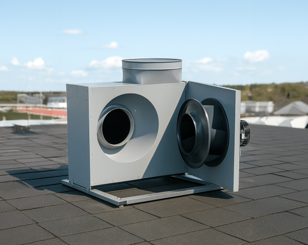 EXHAUSTO Boxventilator BESB geöffnet auf einem Dach